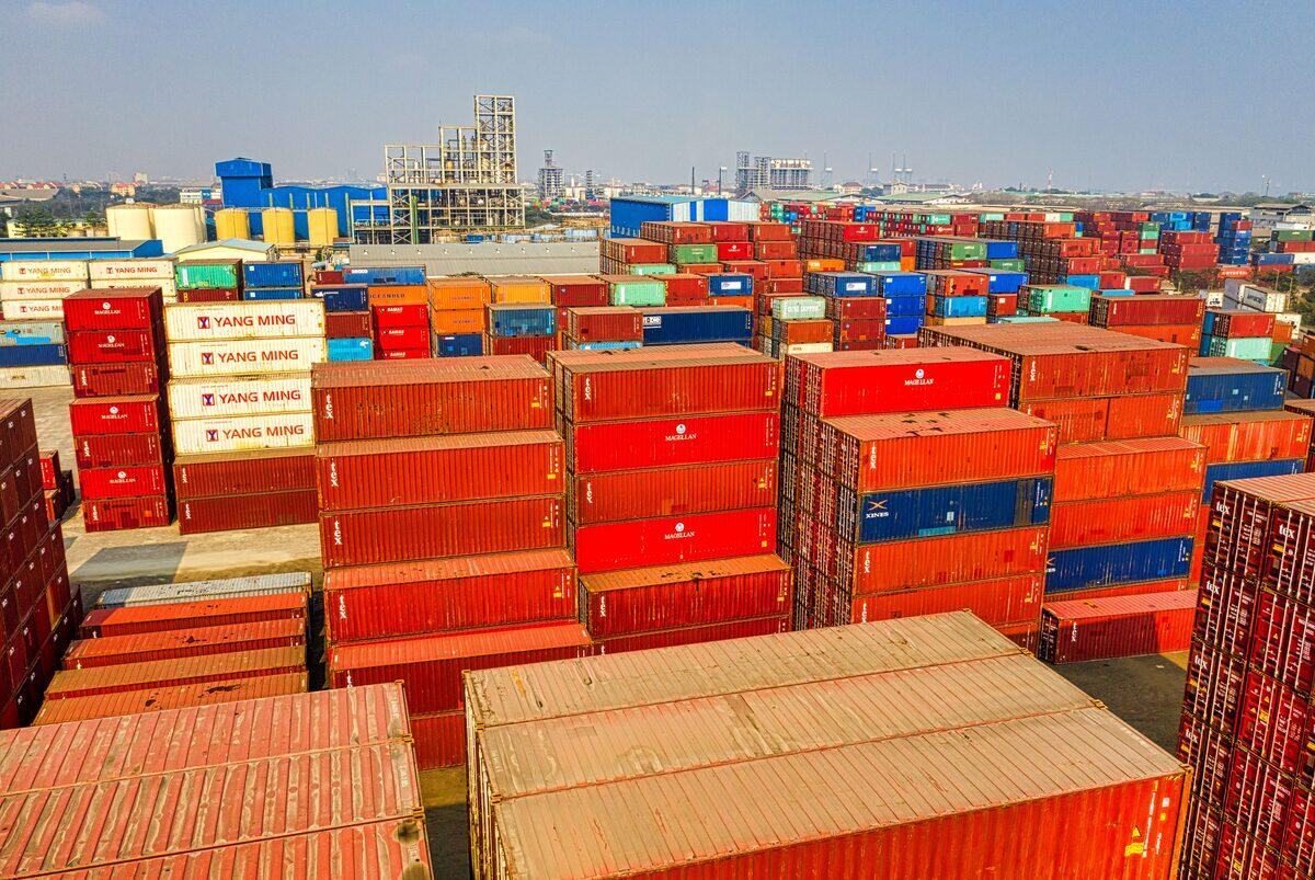 Stacked cargo containers at a shipping port