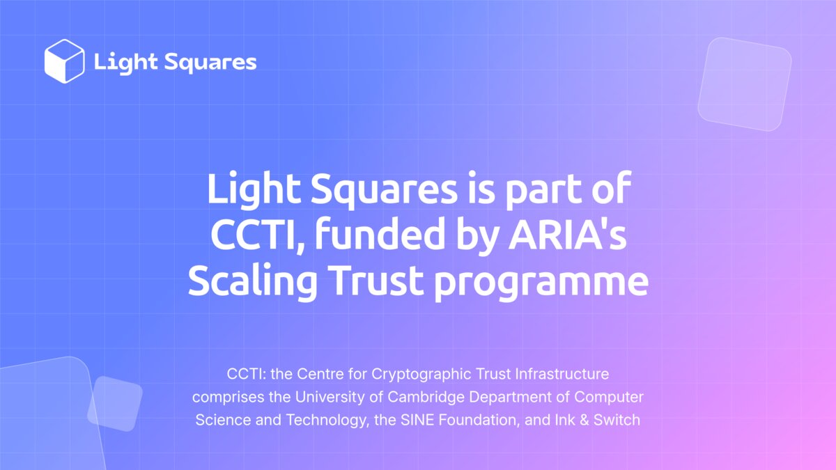 Light Squares is part of CCTI, funded by ARIA's Scaling Trust programme. CCTI, the Centre for Cryptographic Trust Infrastructure, comprises the University of Cambridge Department of Computer Science and Technology, the SINE Foundation, and Ink & Switch.